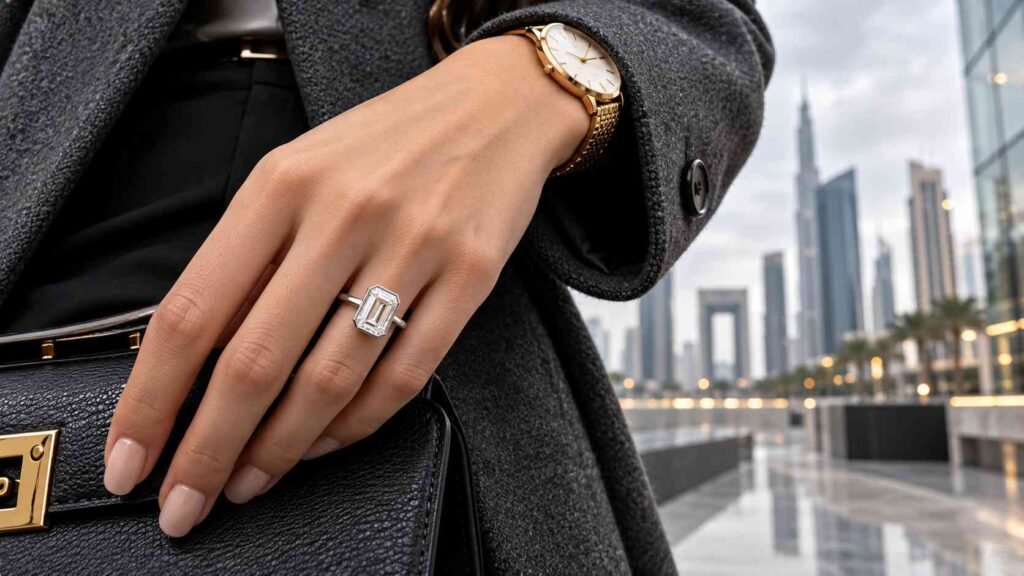 An emerald-cut lab-grown diamond ring worn with an elegant tailored blazer in an urban setting.